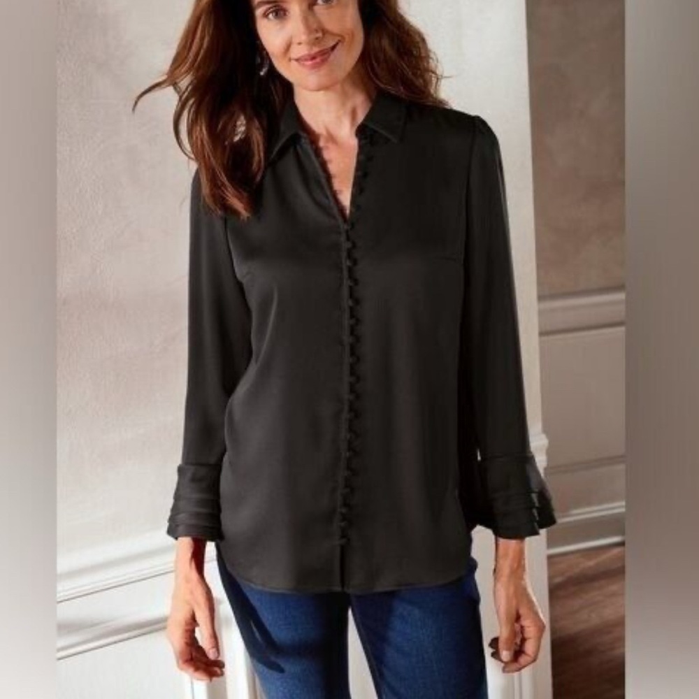 Soft Surroundings Button Down Poet Blouse Ruffle Cuffs Black Size PXS